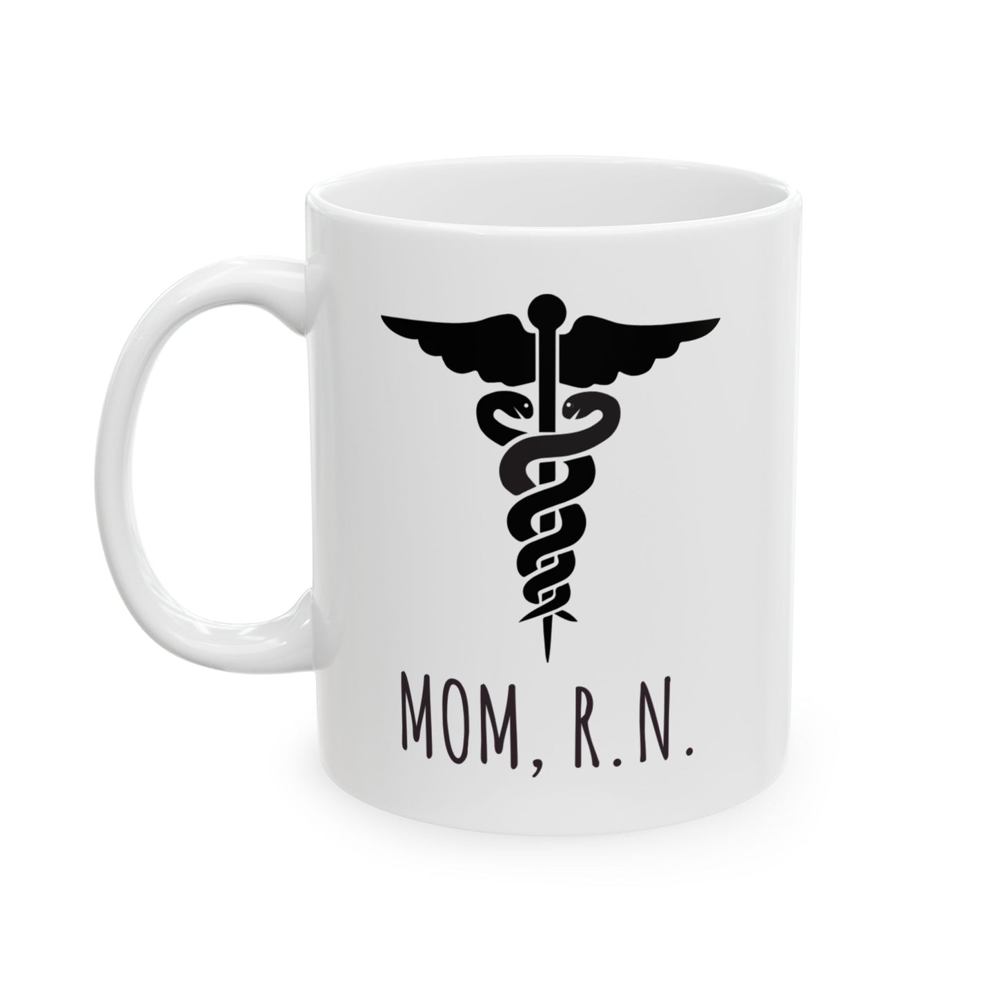 High-quality ceramic mug featuring “Mom, R.N.” text for nurses