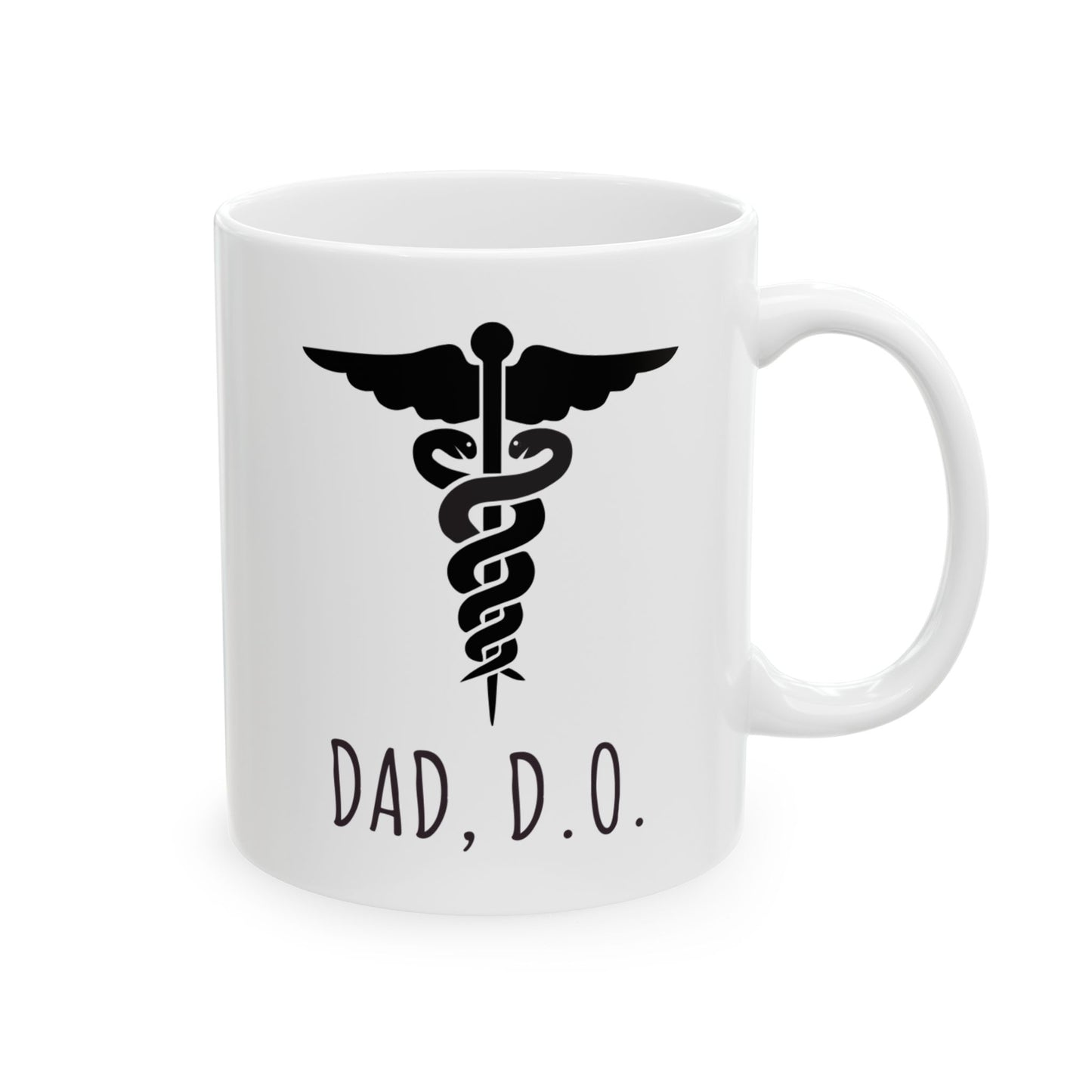 White mug with black medical caduceus symbol and 'DAD, D.O.' text on a white background