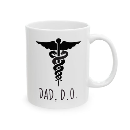 White mug with black medical caduceus symbol and 'DAD, D.O.' text on a white background