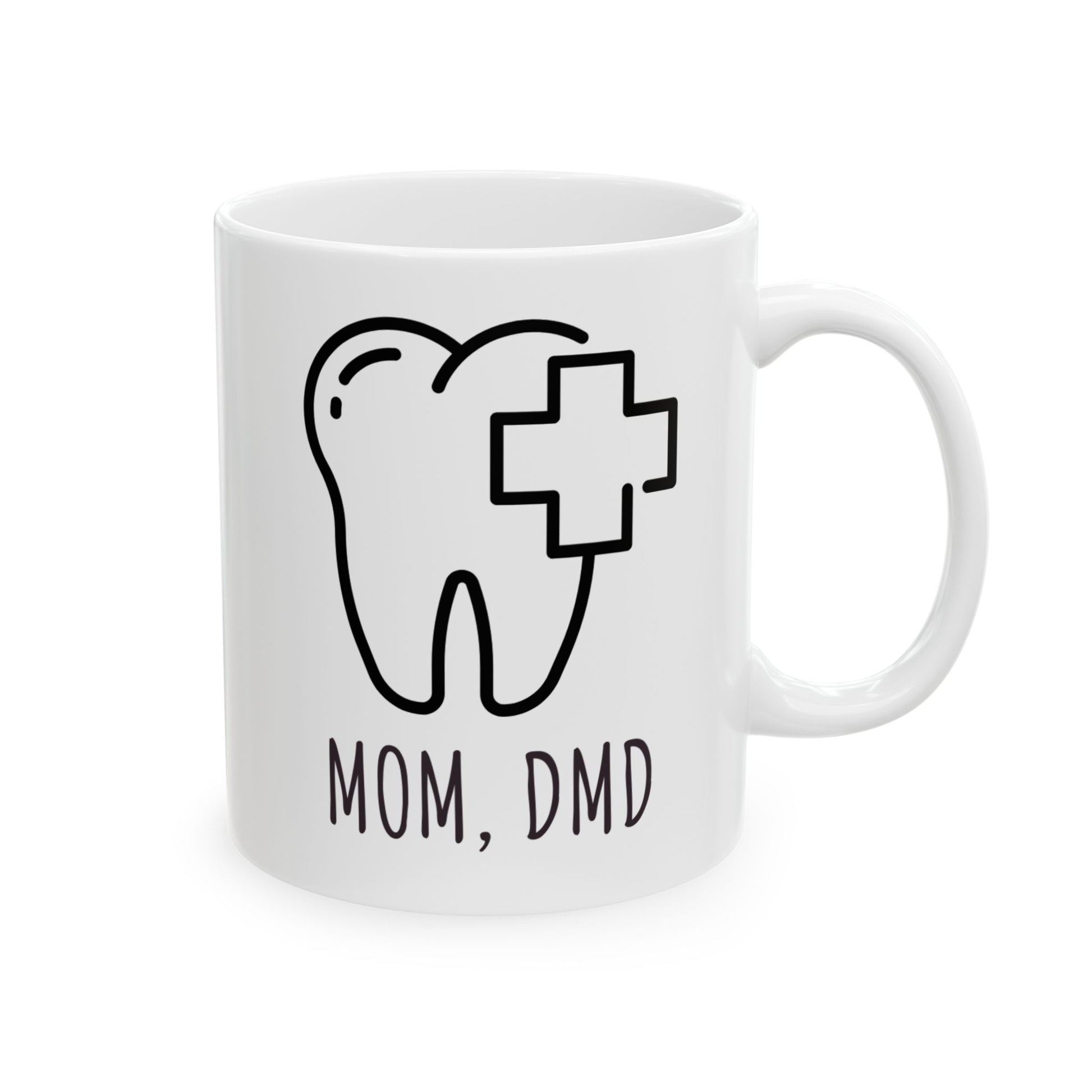 White coffee mug with a tooth and cross design, labeled 'Mom, DMD', on a white background for dentists