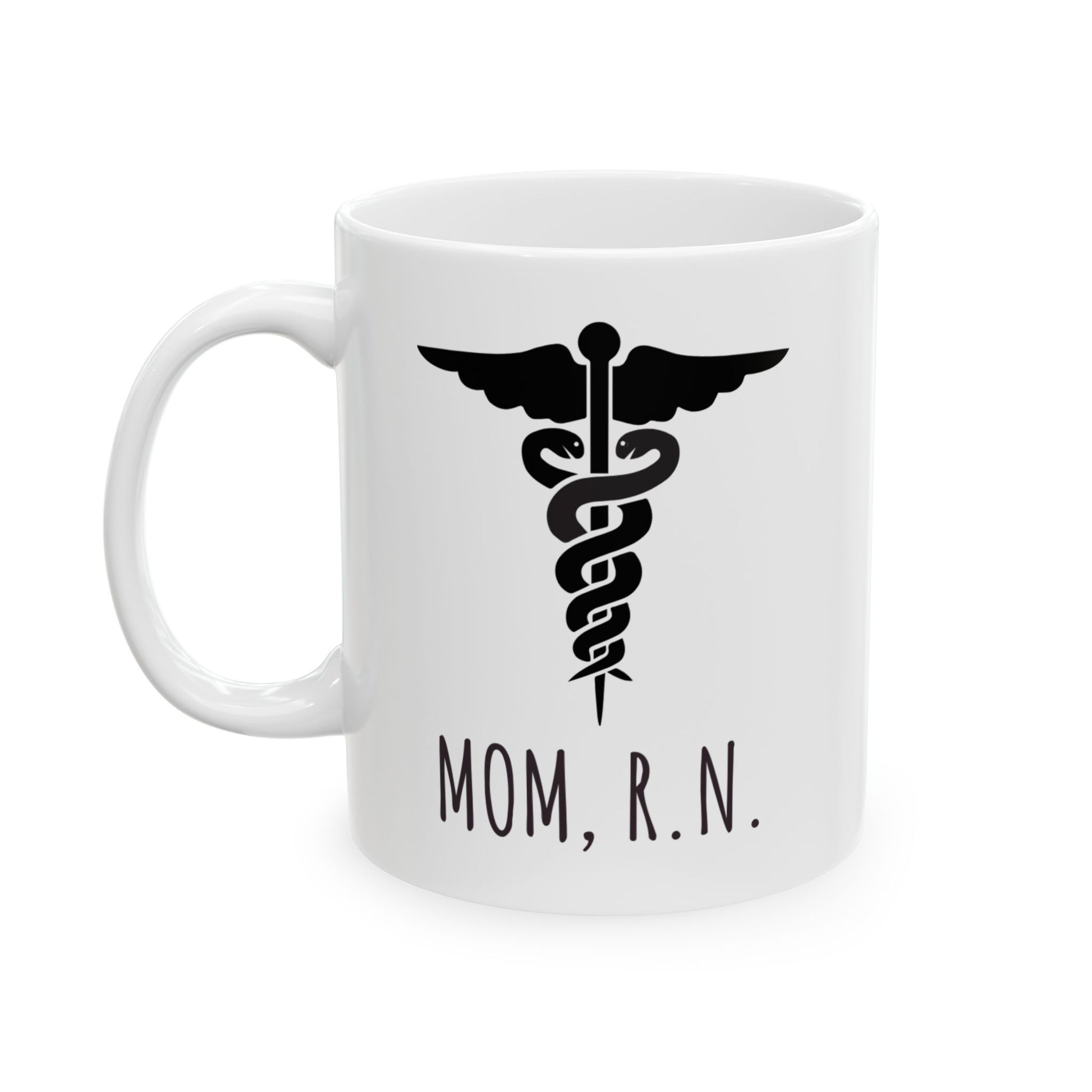 High-quality ceramic mug featuring “Mom, R.N.” text for nurses