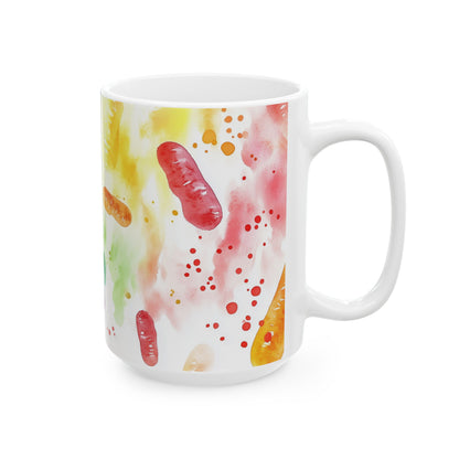 Funny microbiology mug featuring bright bacteria artwork
