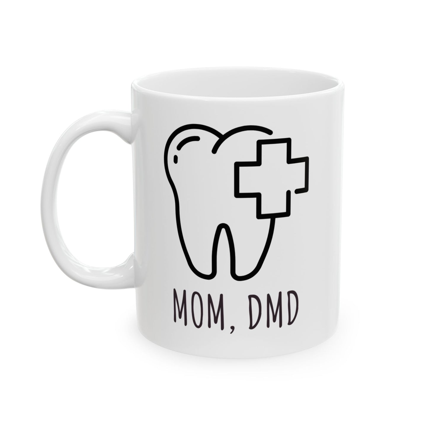 White mug for dentists with a tooth graphic and 'Mom, DMD' text on a white background
