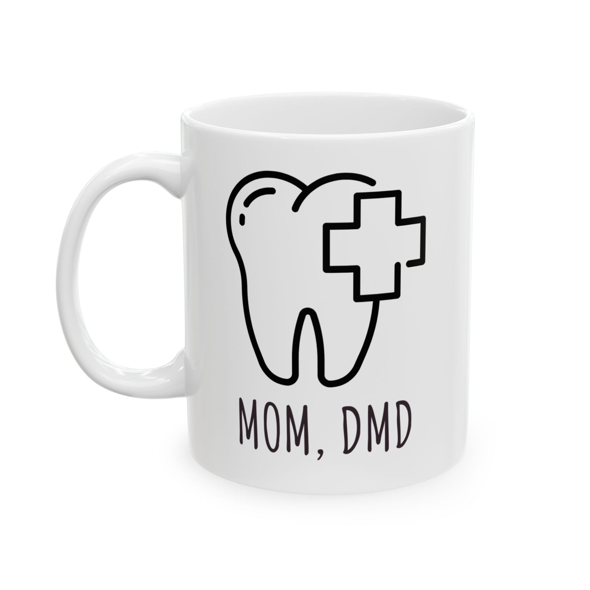 White mug for dentists with a tooth graphic and 'Mom, DMD' text on a white background