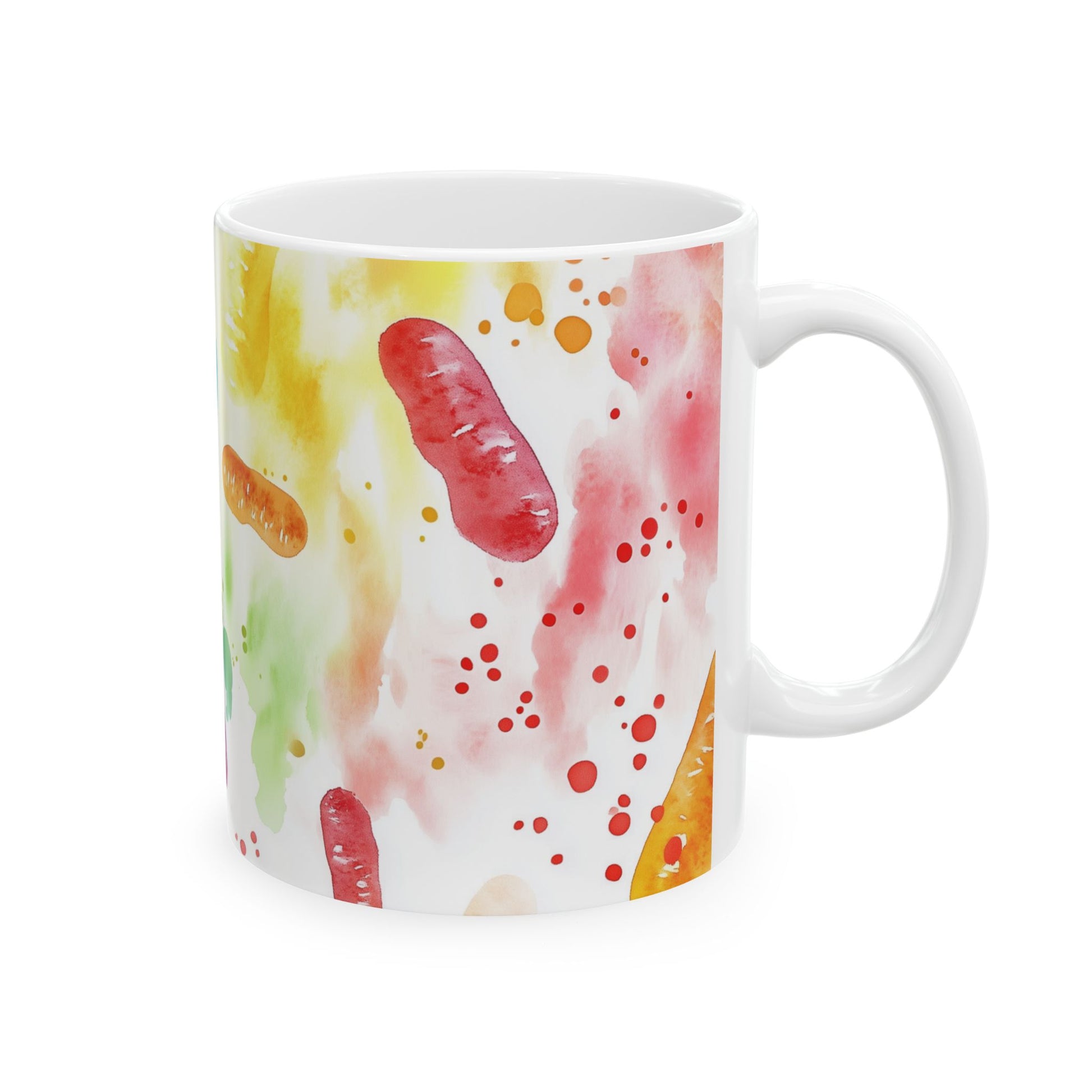 White ceramic coffee mug with colorful bacteria design for scientists