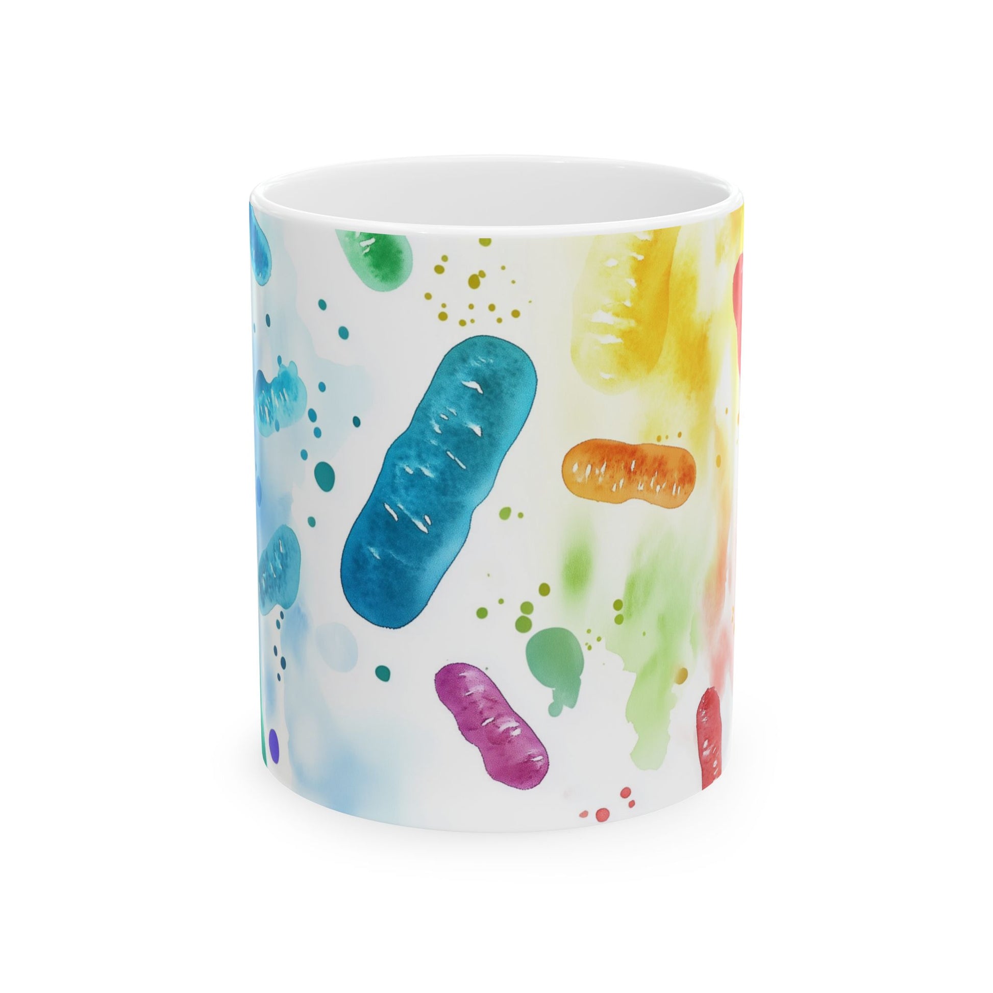 Science coffee cup with colorful bacteria pattern for lab professionals