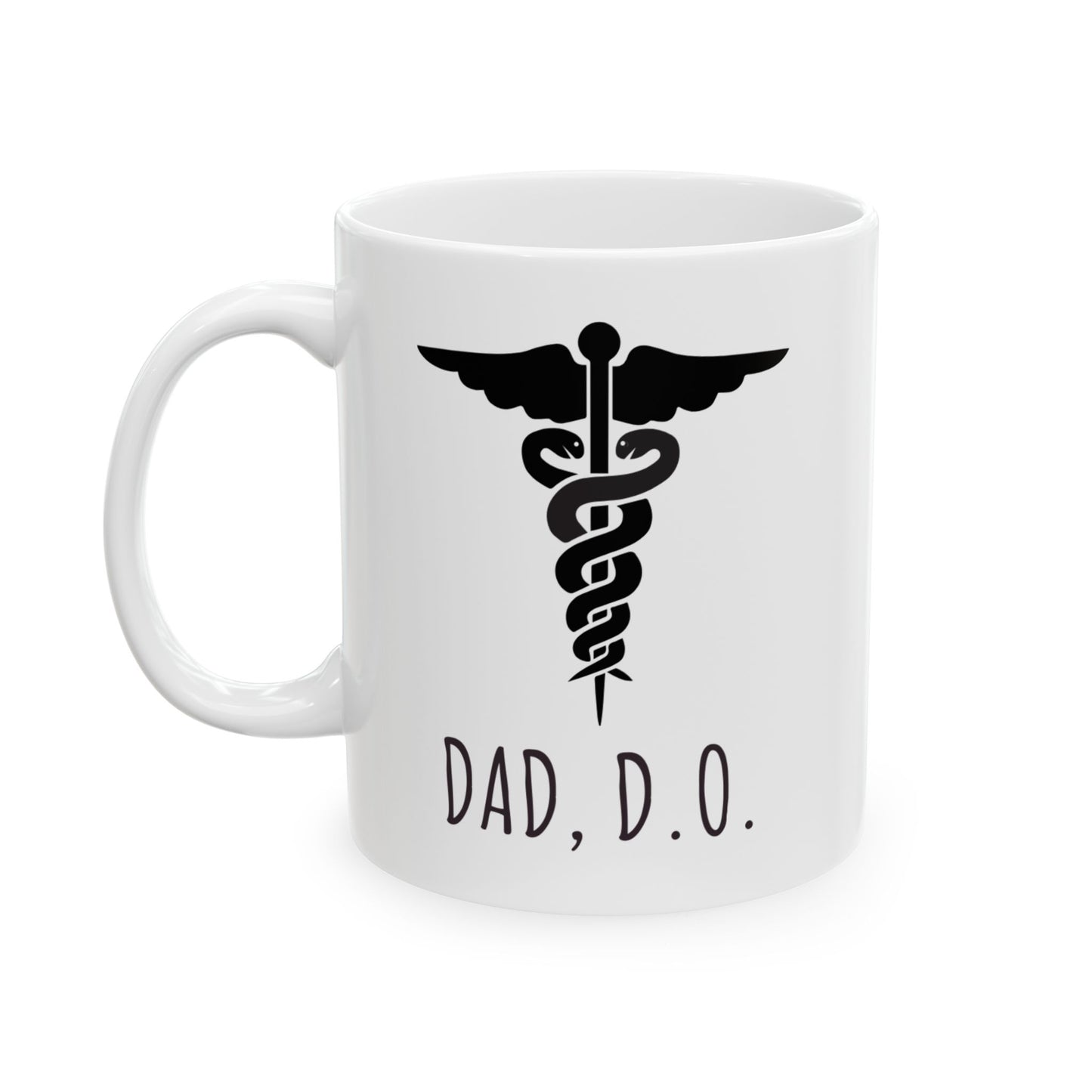 White mug with black caduceus symbol and 'DAD, D.O.' text on a white background