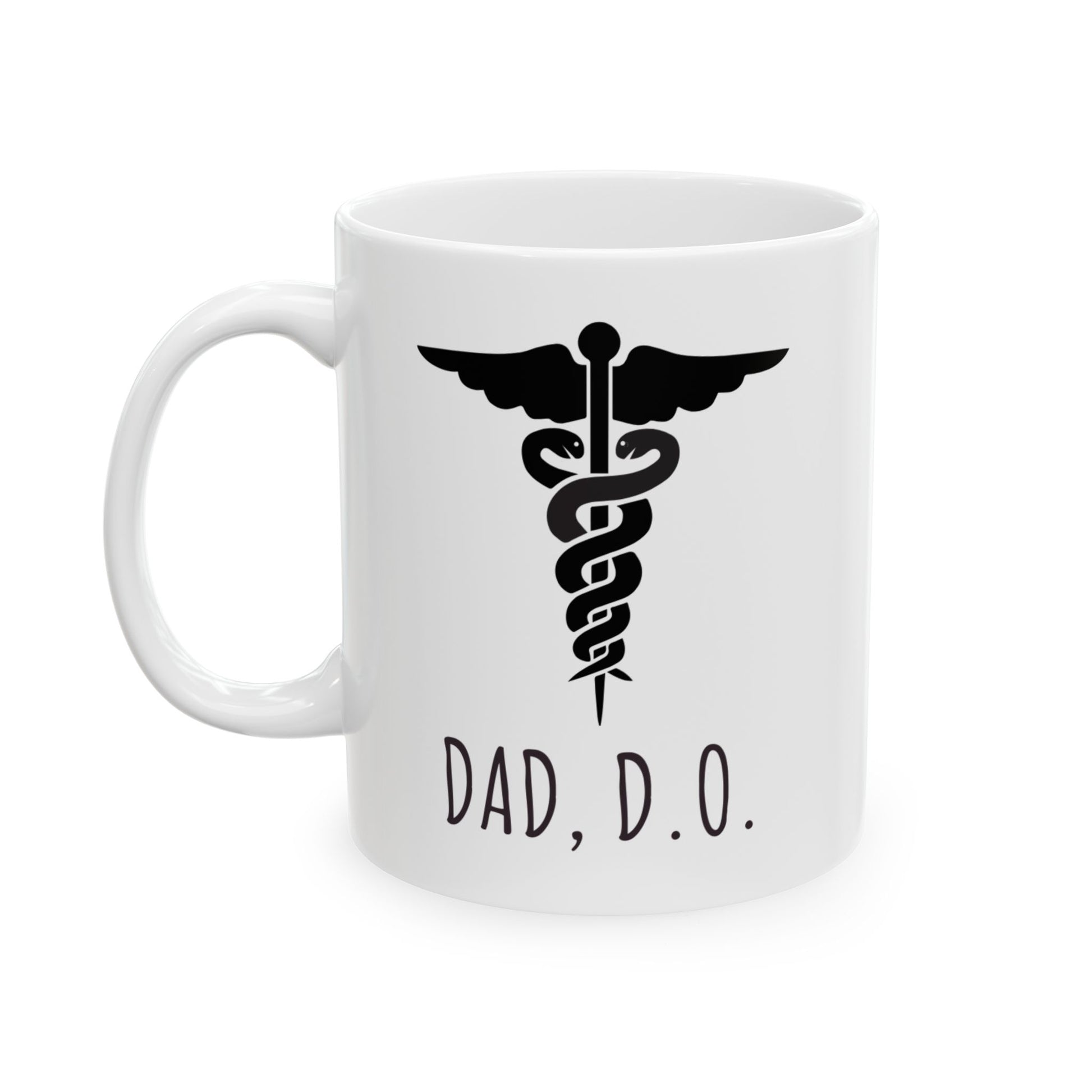 White mug with black caduceus symbol and 'DAD, D.O.' text on a white background