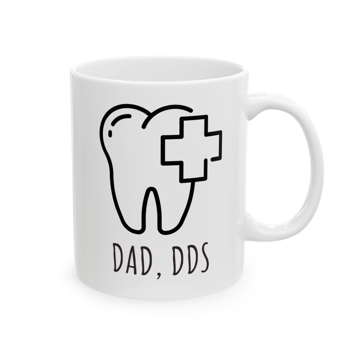 White ceramic coffee mug with “Dad, DDS” design for dentist fathers