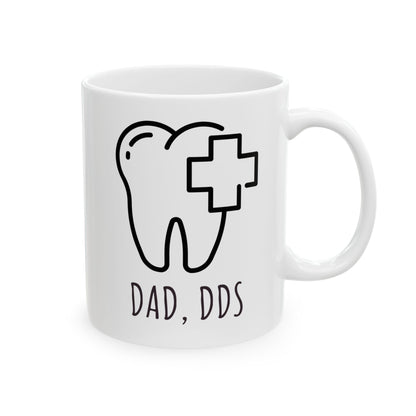 White ceramic coffee mug with “Dad, DDS” design for dentist fathers