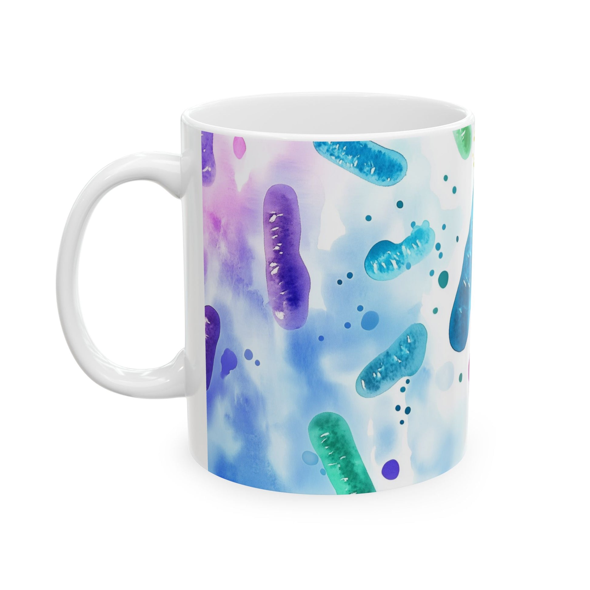 Vibrant bacteria art coffee mug for doctors, lab techs, and science lovers
