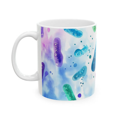 Vibrant bacteria art coffee mug for doctors, lab techs, and science lovers