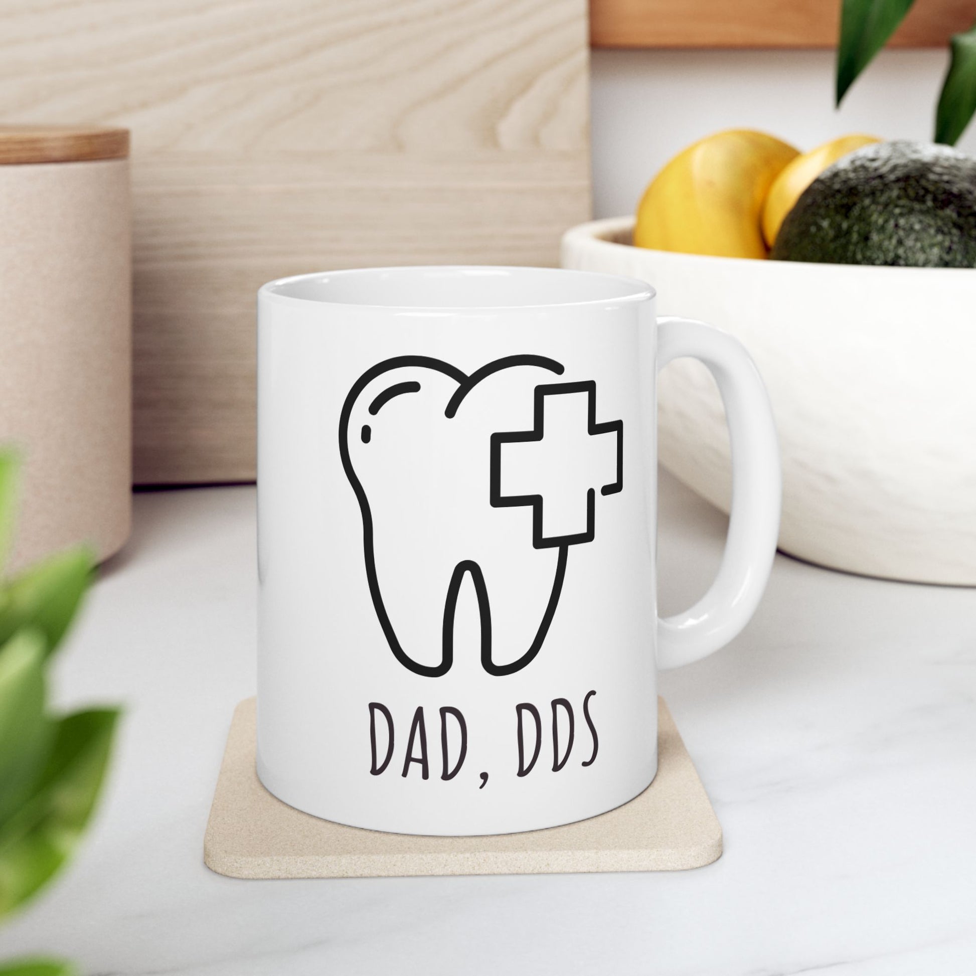High-quality white ceramic mug featuring “Dad, DDS” text for dental professionals
