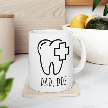 High-quality white ceramic mug featuring “Dad, DDS” text for dental professionals