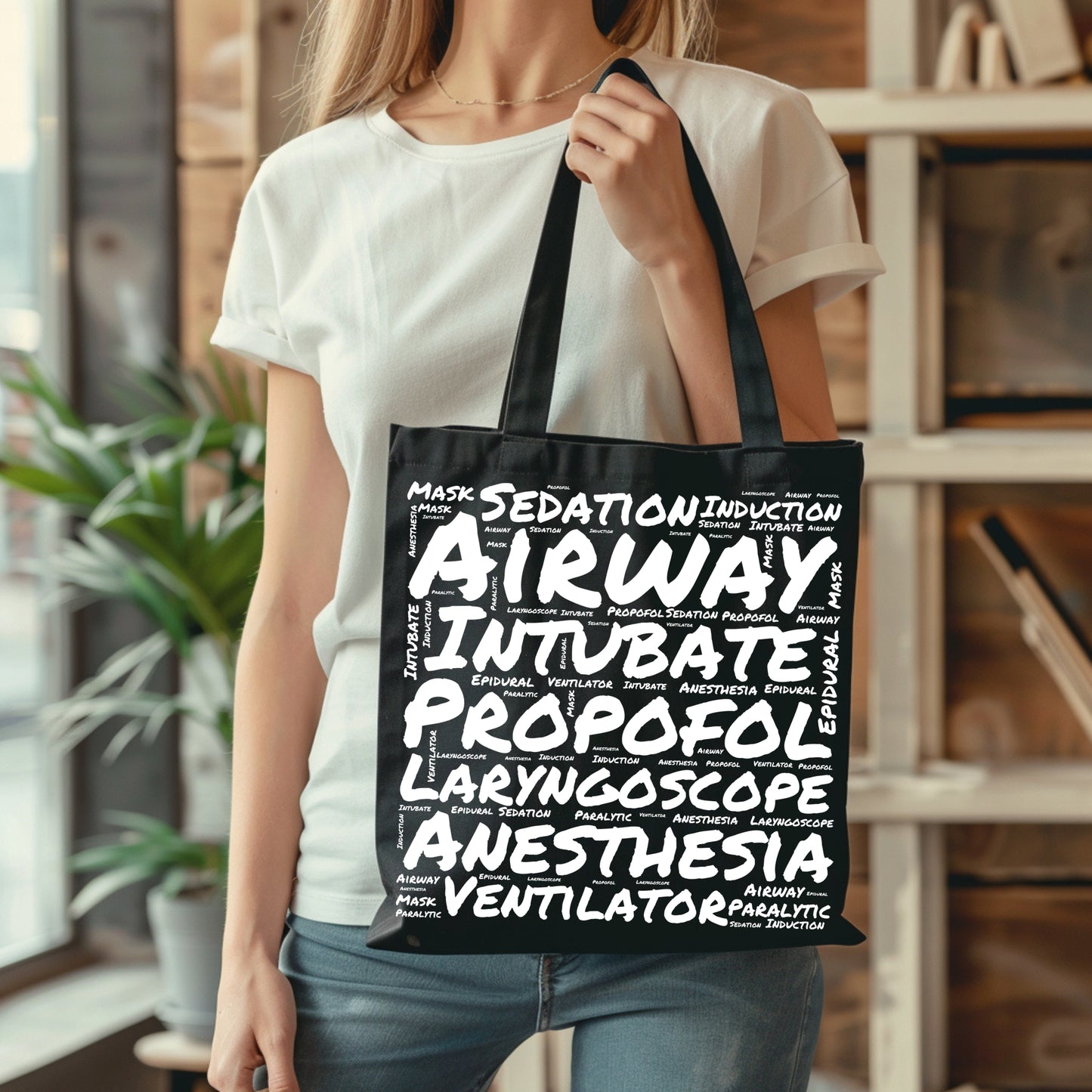 Anesthesia Word Cloud Black Canvas Tote Bag
